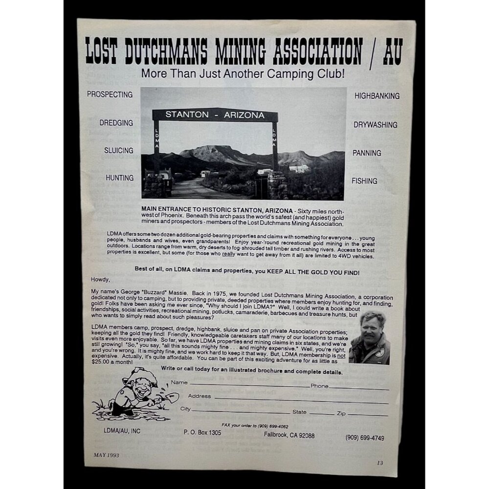 Lost Dutchmans Mining Assocation Print Ad Vintage 90s Gold Panning Stanton AZ